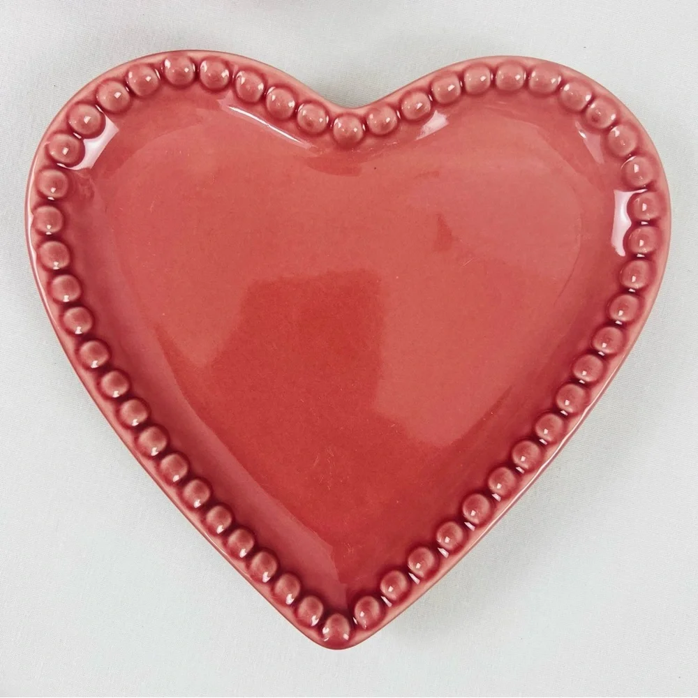 Retired Williams Sonoma Ramekins Heart Shape Beaded Plate Trinket Red Dessert